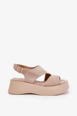 Sandały Damskie Na Platformie Eko Zamszowe Beżowe Karonia