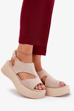 Sandały Damskie Na Platformie Eko Zamszowe Beżowe Karonia