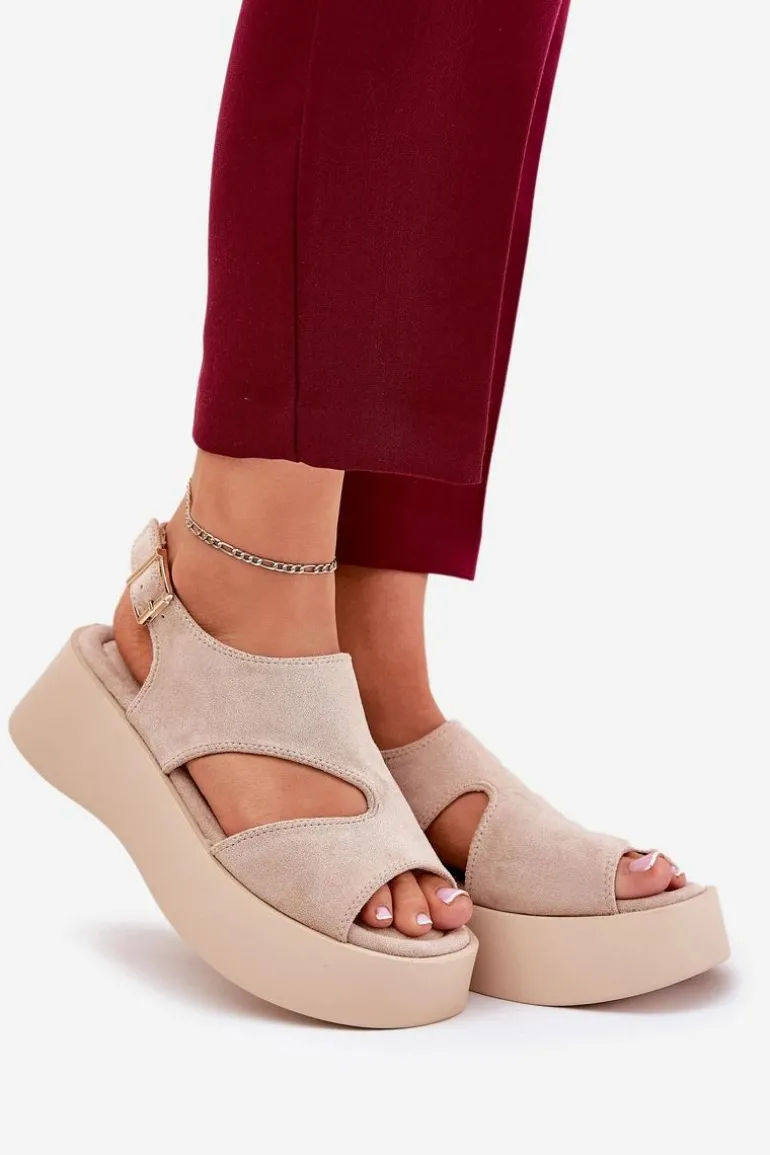 Sandały Damskie Na Platformie Eko Zamszowe Beżowe Karonia