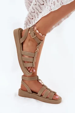 Sandały Damskie Na Platformie Ze Złotym Detalem Khaki Kartia