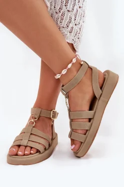 Sandały Damskie Na Platformie Ze Złotym Detalem Khaki Kartia