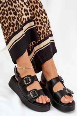 Sandały Damskie Na Platformie I Koturnie Z Klamrami Czarne Genorre