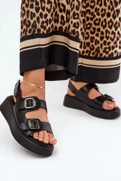 Sandały Damskie Na Platformie I Koturnie Z Klamrami Czarne Genorre