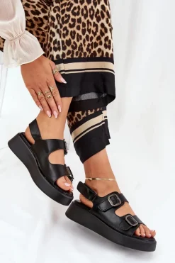 Sandały Damskie Na Platformie I Koturnie Z Klamrami Czarne Genorre