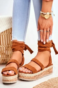 Sandały Damskie Na Platformie Wiązane Camel La Favorite