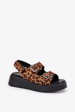 Sandały Damskie Na Platformie I Koturnie Z Klamrami Panterka Brązowe Genorre