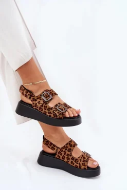 Sandały Damskie Na Platformie I Koturnie Z Klamrami Panterka Brązowe Genorre