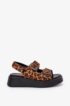 Sandały Damskie Na Platformie I Koturnie Z Klamrami Panterka Brązowe Genorre