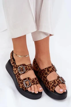 Sandały Damskie Na Platformie I Koturnie Z Klamrami Panterka Brązowe Genorre