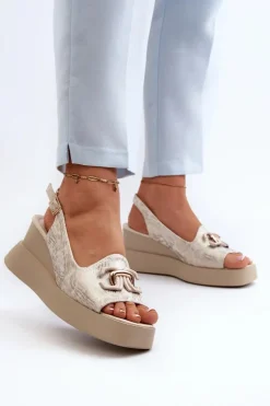 Sandały Damskie Na Platformie I Koturnie Z Ozdobą Złote Janesca