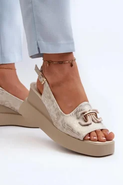 Sandały Damskie Na Platformie I Koturnie Z Ozdobą Złote Janesca