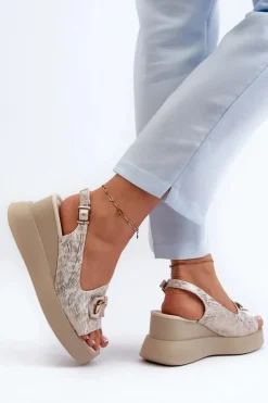 Sandały Damskie Na Platformie I Koturnie Z Ozdobą Złote Janesca