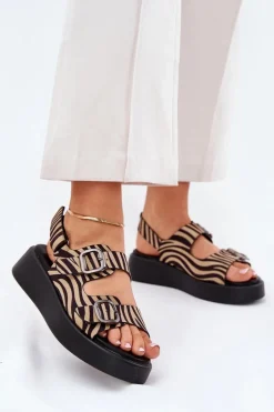 Sandały Damskie Na Platformie I Koturnie Z Klamrami Zebra Beżowo-Czarne Genorre