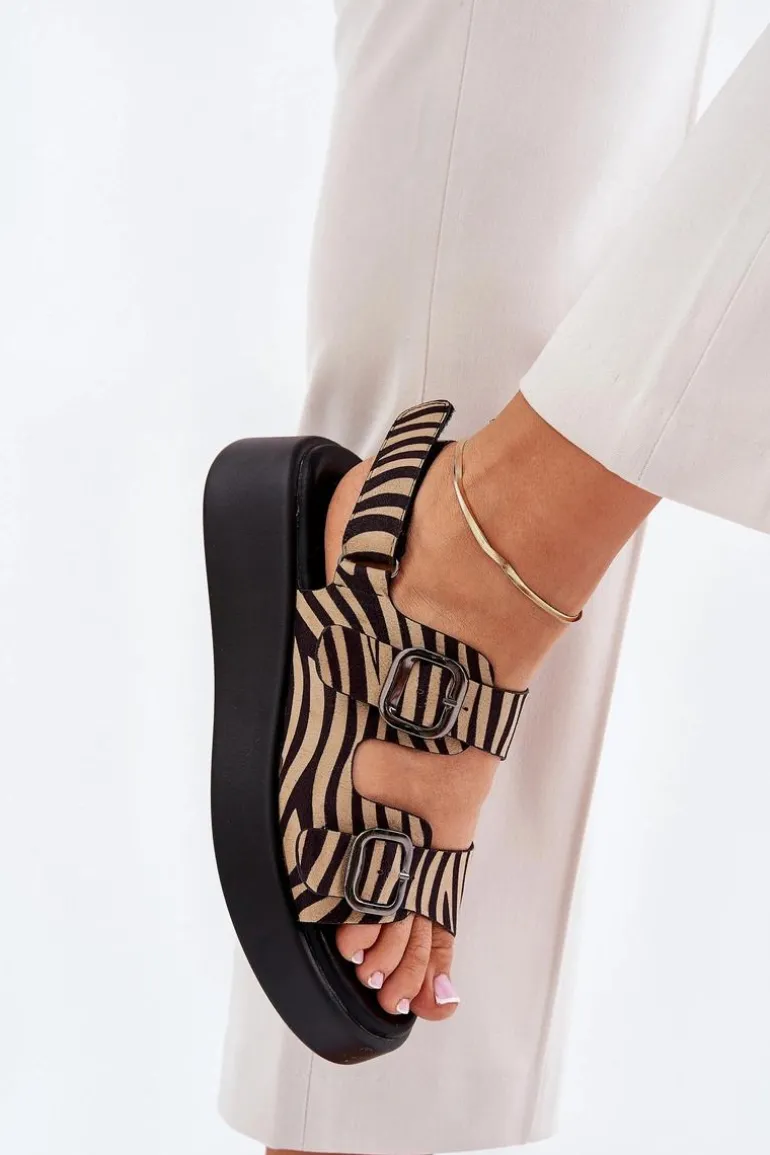 Sandały Damskie Na Platformie I Koturnie Z Klamrami Zebra Beżowo-Czarne Genorre