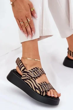 Sandały Damskie Na Platformie I Koturnie Z Klamrami Zebra Beżowo-Czarne Genorre