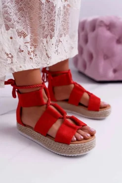 Sandały Damskie na Platformie Zamszowe Czerwone Ergola