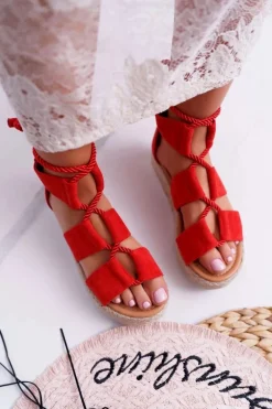 Sandały Damskie na Platformie Zamszowe Czerwone Ergola