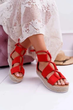 Sandały Damskie na Platformie Zamszowe Czerwone Ergola