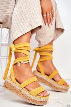 Sandały Damskie Na Platformie Wiązane Żółte La Favorite