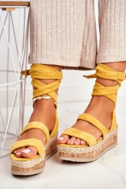 Sandały Damskie Na Platformie Wiązane Żółte La Favorite