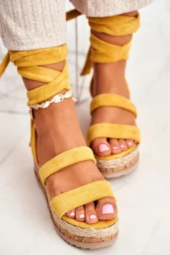 Sandały Damskie Na Platformie Wiązane Żółte La Favorite