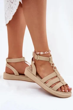 Sandały Damskie Na Platformie Ze Złotym Detalem Beżowe Kartia