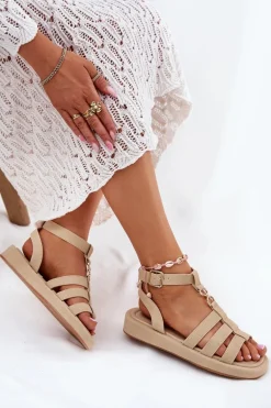 Sandały Damskie Na Platformie Ze Złotym Detalem Beżowe Kartia