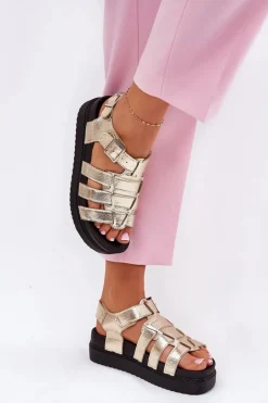 Sandały Damskie Na Platformie Z Klamrami Złote Atarafas