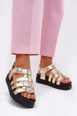 Sandały Damskie Na Platformie Z Klamrami Złote Atarafas