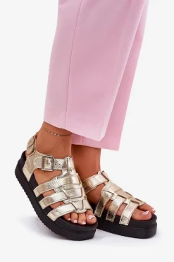 Sandały Damskie Na Platformie Z Klamrami Złote Atarafas