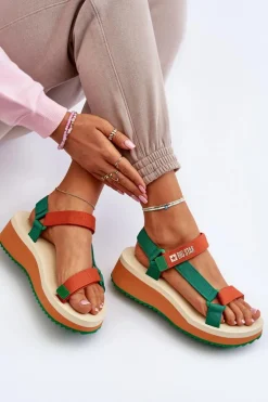 Sandały Damskie Na Platformie I Koturnie Big Star NN274A053 Zielono-Pomarańczowe