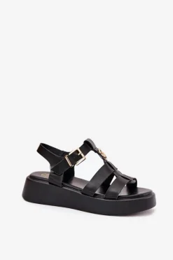 Sandały Damskie Na Platformie Ze Złotym Detalem Czarne Fevire