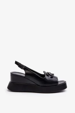 Sandały Damskie Na Platformie I Koturnie Z Ozdobą Czarne Janesca