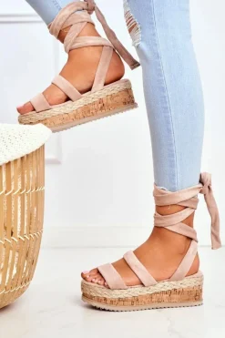 Sandały Damskie Na Platformie Wiązane Beżowe La Favorite