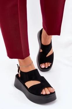Sandały Damskie Na Platformie Eko Zamszowe Czarne Karonia