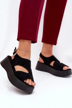 Sandały Damskie Na Platformie Eko Zamszowe Czarne Karonia
