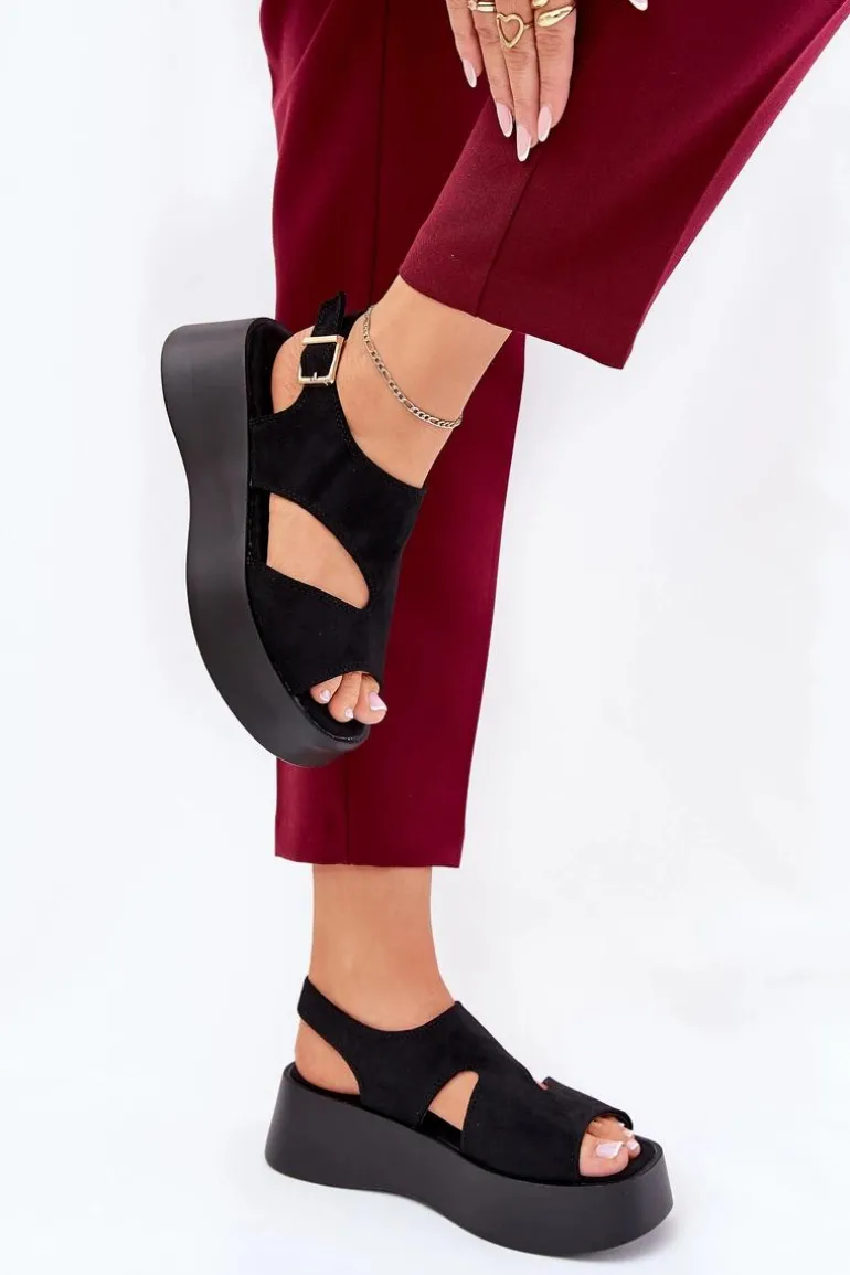 Sandały Damskie Na Platformie Eko Zamszowe Czarne Karonia