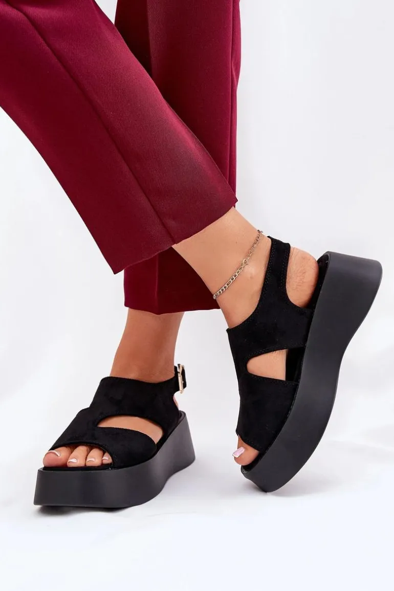 Sandały Damskie Na Platformie Eko Zamszowe Czarne Karonia