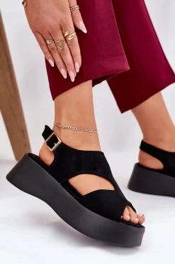 Sandały Damskie Na Platformie Eko Zamszowe Czarne Karonia
