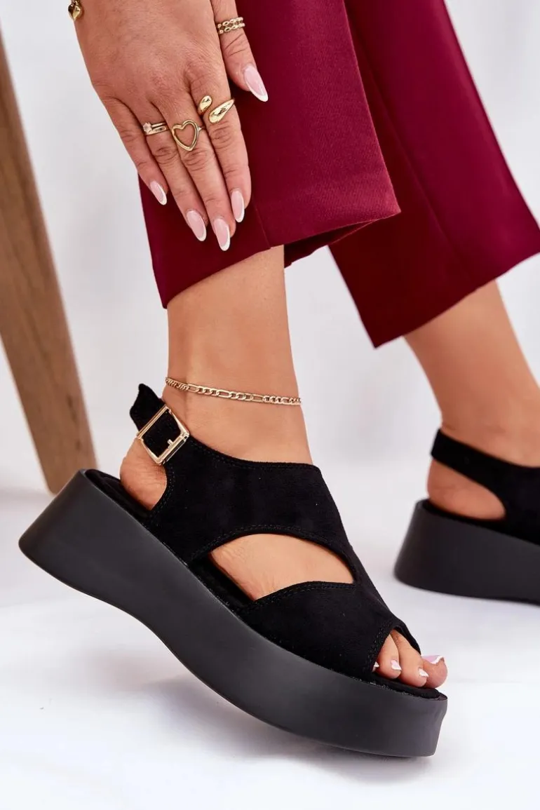 Sandały Damskie Na Platformie Eko Zamszowe Czarne Karonia