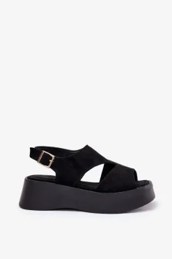 Sandały Damskie Na Platformie Eko Zamszowe Czarne Karonia