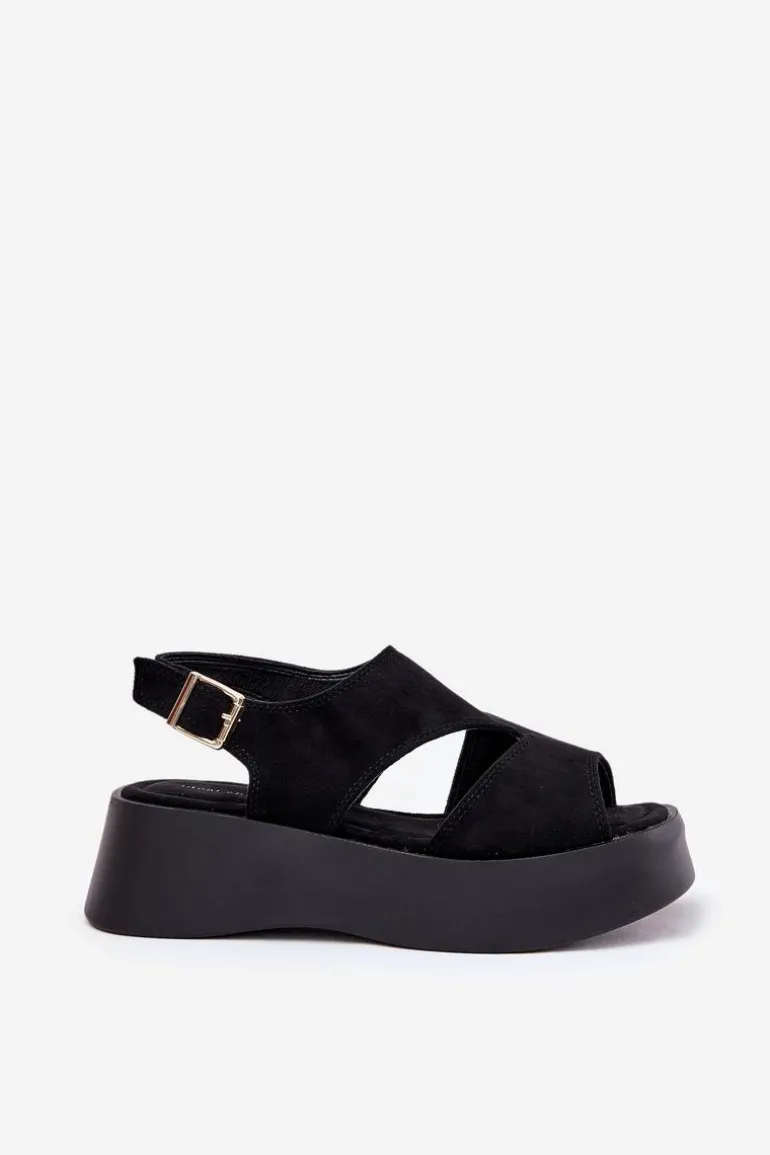 Sandały Damskie Na Platformie Eko Zamszowe Czarne Karonia