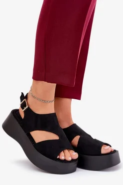 Sandały Damskie Na Platformie Eko Zamszowe Czarne Karonia