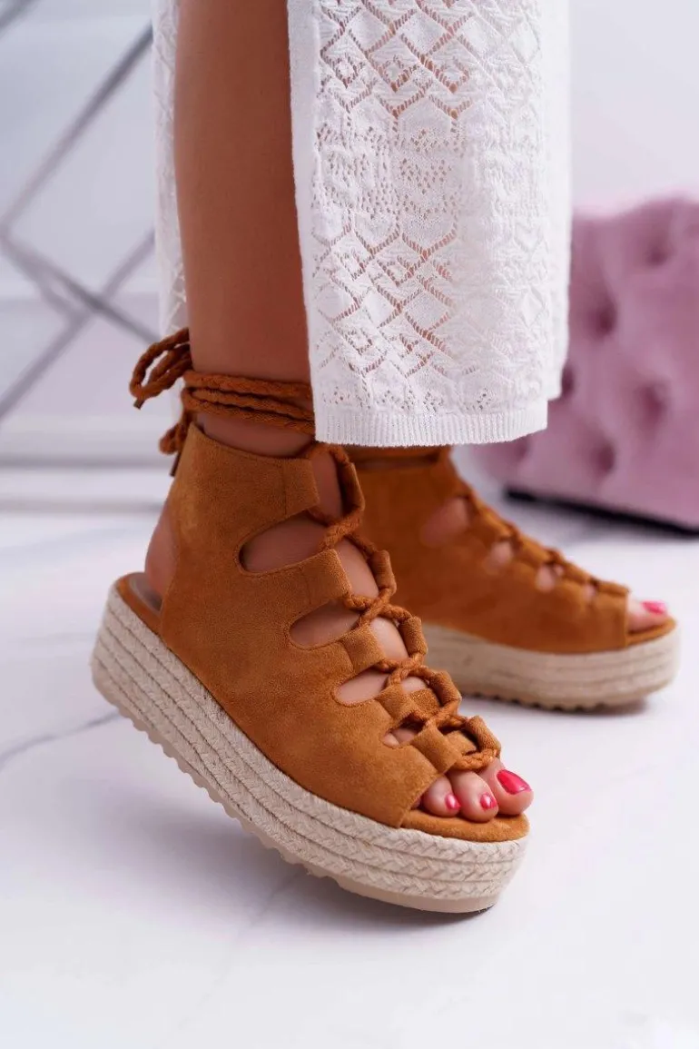 Sandały Damskie Na Platformie Z Espadrylem Sznurowane Camel Grand