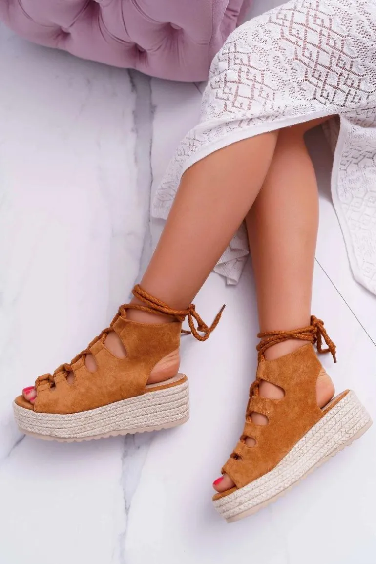 Sandały Damskie Na Platformie Z Espadrylem Sznurowane Camel Grand