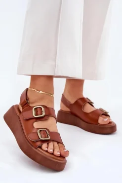 Sandały Damskie Na Platformie I Koturnie Z Klamrami Camel Genorre