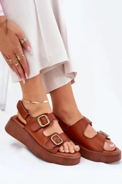 Sandały Damskie Na Platformie I Koturnie Z Klamrami Camel Genorre