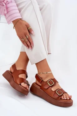 Sandały Damskie Na Platformie I Koturnie Z Klamrami Camel Genorre