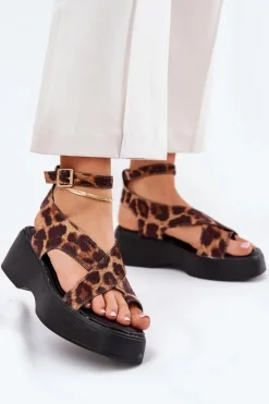 Sandały Damskie Na Platformie I Koturnie W Panterkę Brązowe Tenzorus