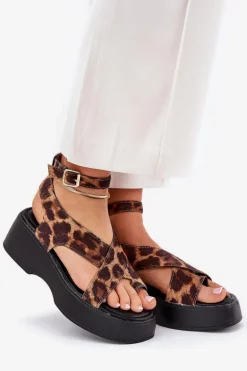 Sandały Damskie Na Platformie I Koturnie W Panterkę Brązowe Tenzorus